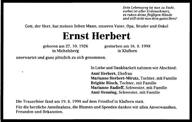 Herbert Ernst 1926-1998 Todesanzeige